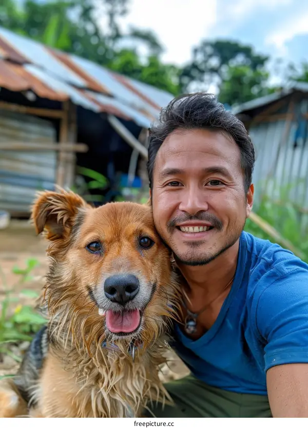 A man and his dog are smiling at the camera.