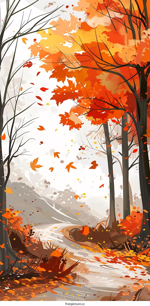 Autumn Forest Landscape With Falling Leaves