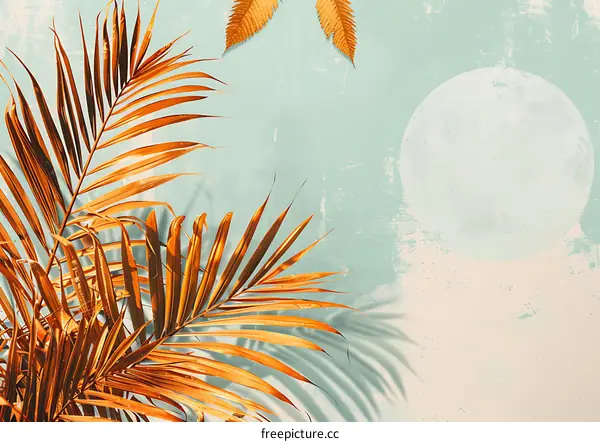 Palm Leaf and Sun on Blue Wall Background