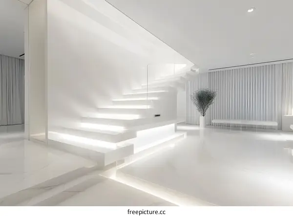 Modern White Staircase with Glass Railing in Minimalist Interior Design