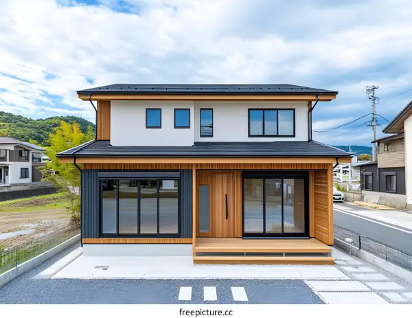 Modern Japanese House with Wooden Facade and Black Roof