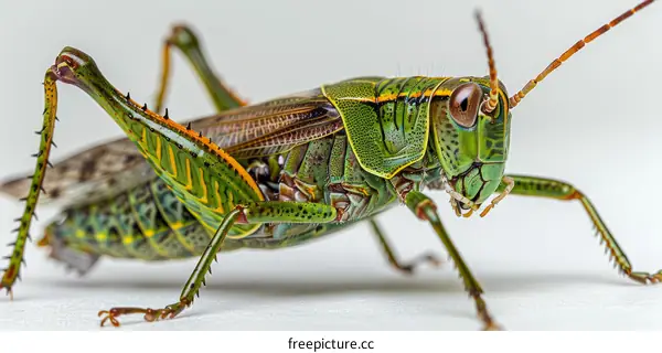 Green and Brown Grasshopper on White Background