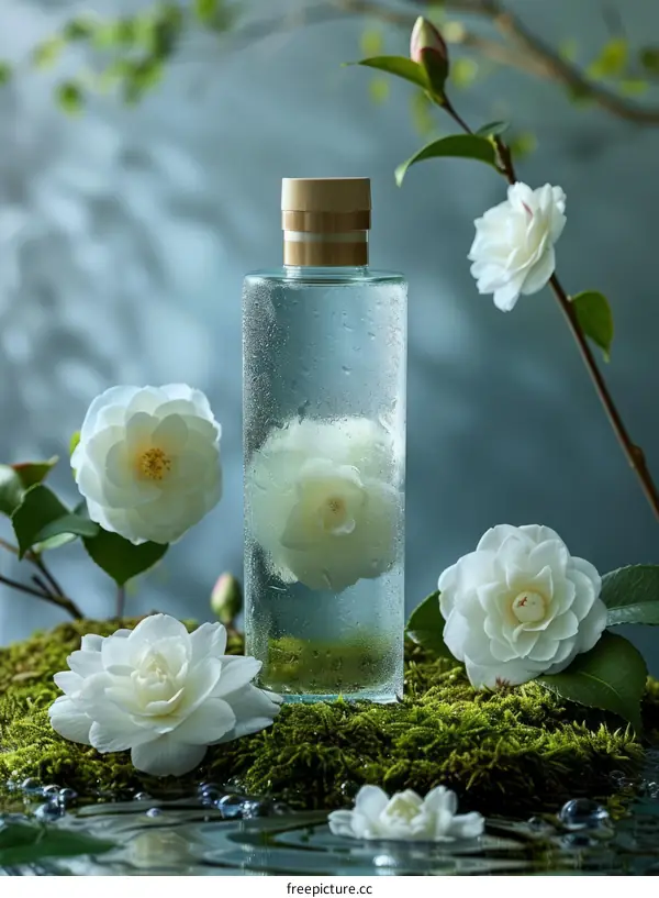 Glass Bottle with White Flower Inside and Around