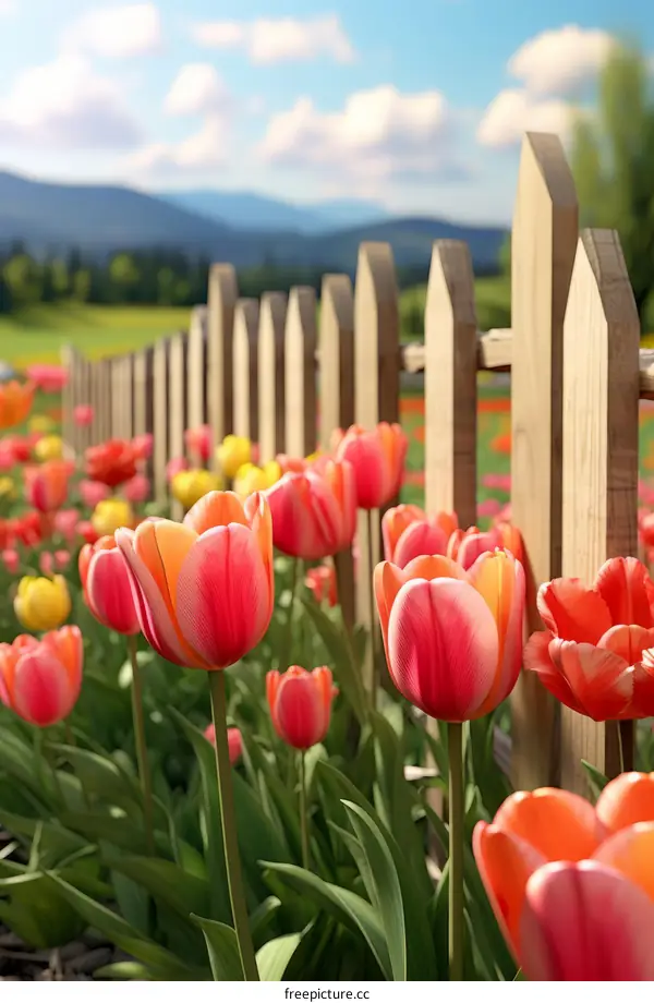 Vibrant Tulip Field with Wooden Fence and Mountain Background