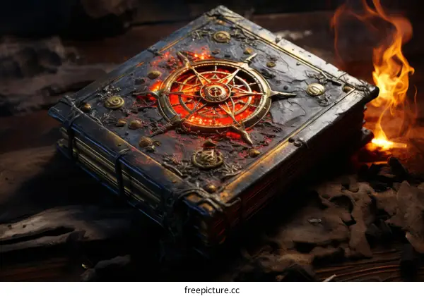 An Occult Book with a Glowing Pentagram on the Cover Beside a Fire