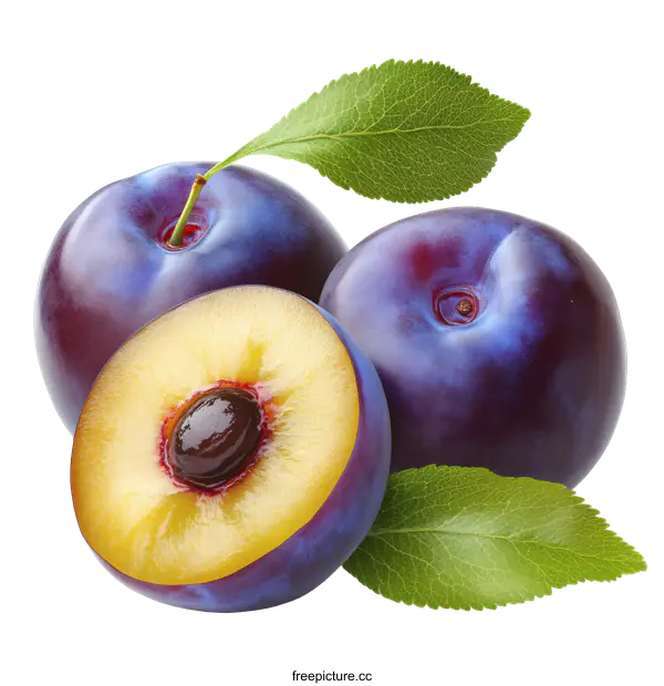 [Transparent Background PNG]Fresh and Juicy Plums with Leaves
