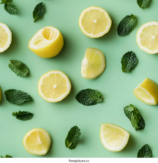[seamless]Fresh Lemon and Mint Pattern on Mint Green Background