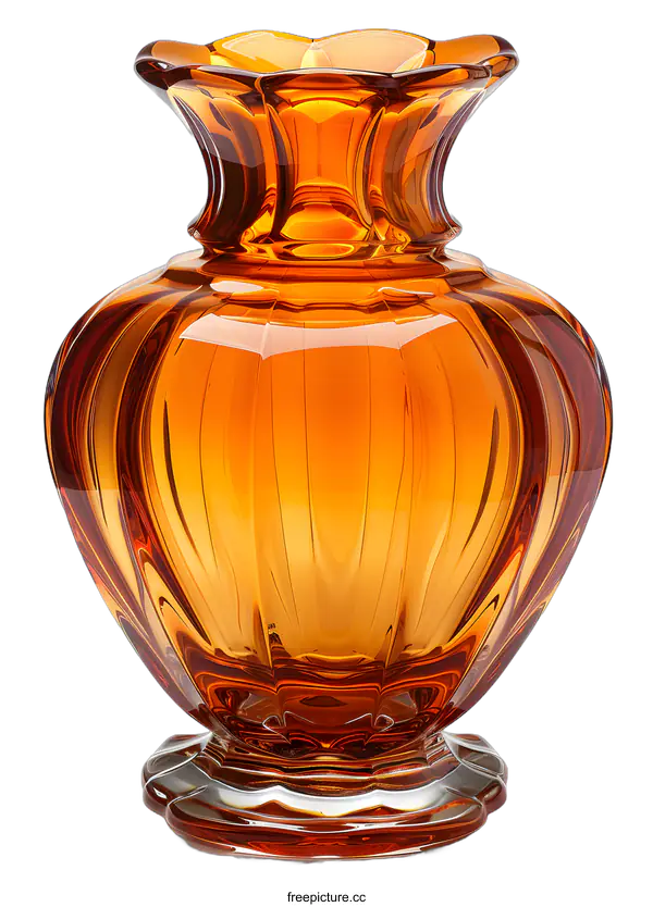 [Transparent Background PNG]An amber colored glass vase with a ribbed heart shaped body and flared rim