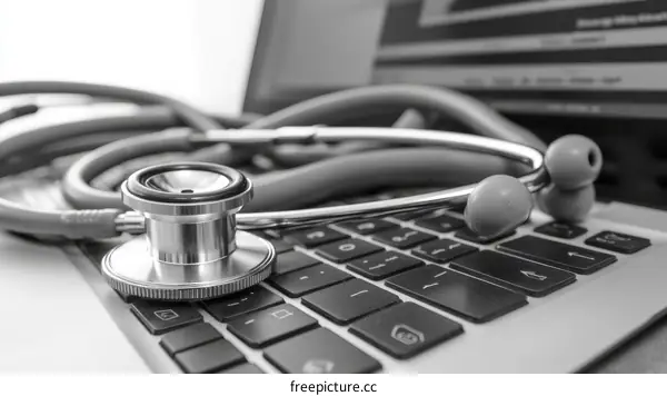 Medical Stethoscope on Laptop Keyboard Close-up