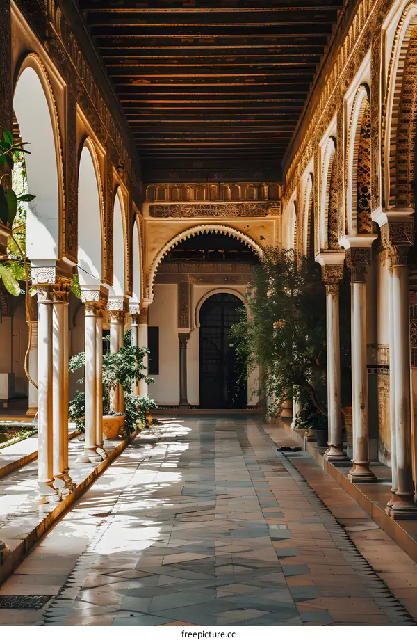 Arched Courtyard With Ornate Details And Stone Pillars
