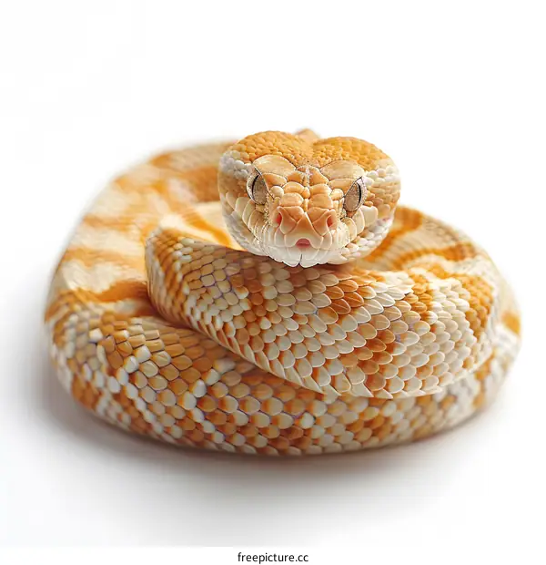 A coiled venomous snake with white background