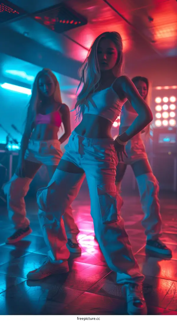 Three Asian women dancing in a club with blue and red lights
