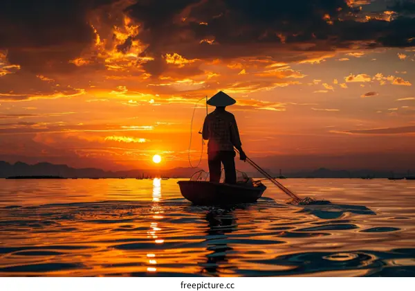 A fisherman in a boat at sunset