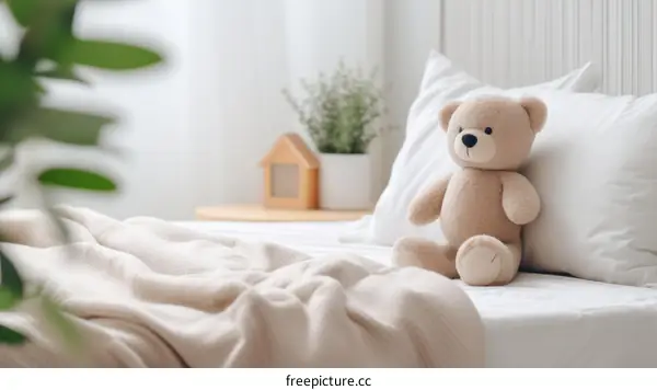 Cute Teddy Bear Relaxing on a Bed with a Blanket and Pillow