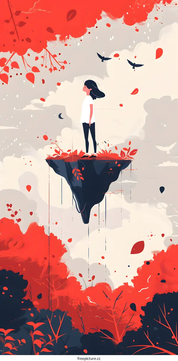 Woman Standing on a Floating Island with Red and Blue Trees