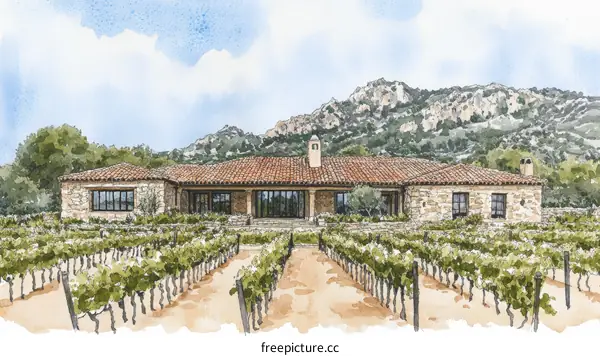 Watercolor Illustration of a Vineyard Estate Home