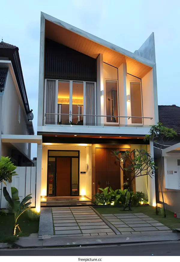 Modern Two Story Home with Wooden Doors and Balcony
