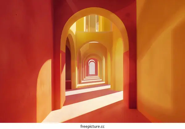 Abstract 3D Interior Architecture With Arched Hallway And Warm Color Scheme