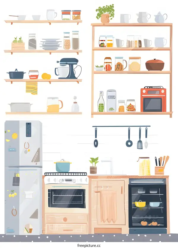 Kitchen Illustration With Appliances and Shelving