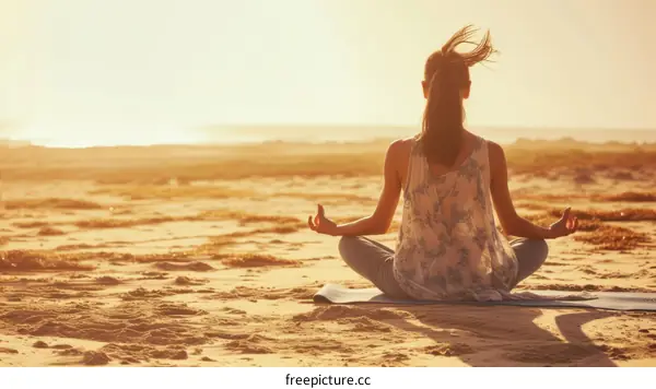 Woman Meditating on Beach at Sunset
