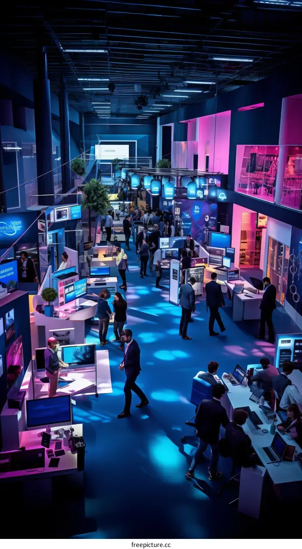 A large group of people in a brightly lit room at a technology convention