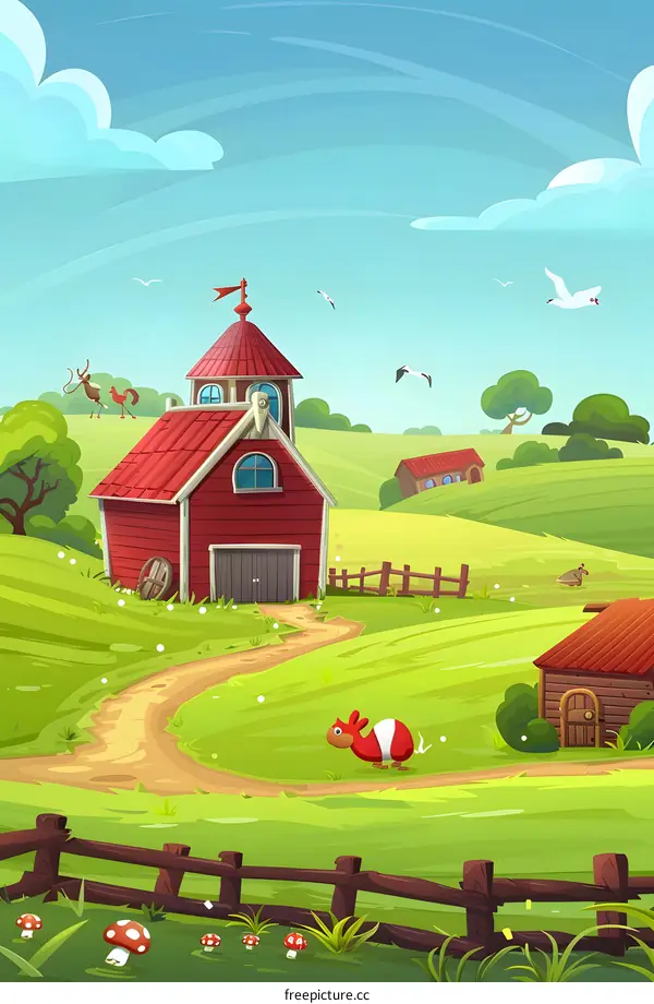 Red Barn Farm in Green Hills with a Winding Path