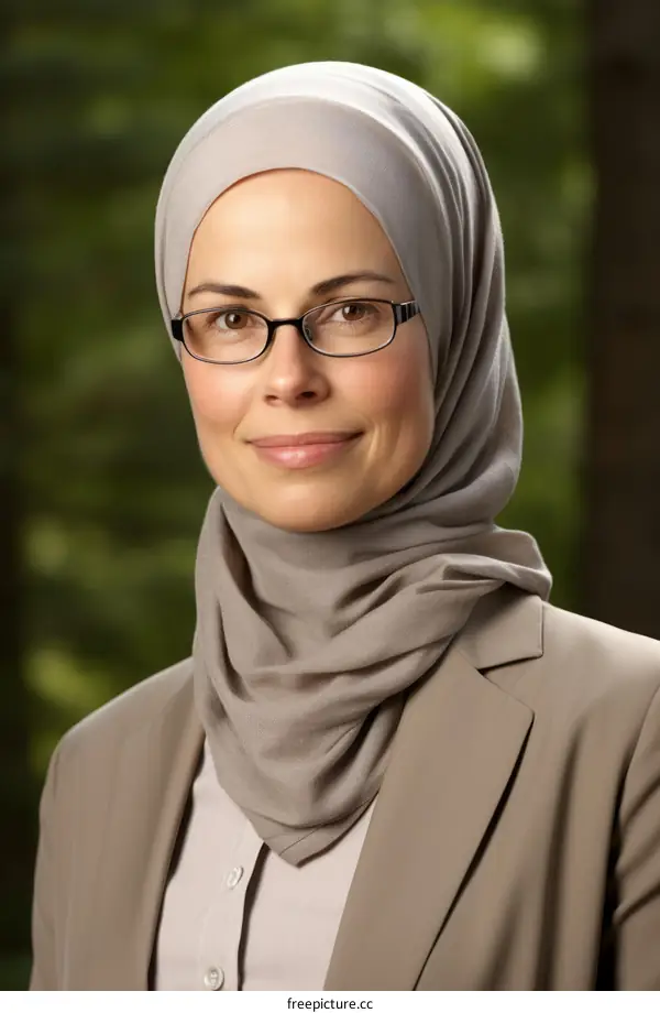 A portrait of a young woman wearing a head scarf and glasses
