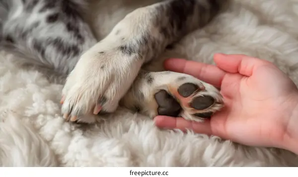 A dog's paw and a human hand