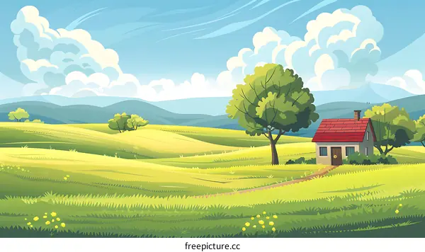 Green Grass Field With Small House And Blue Sky