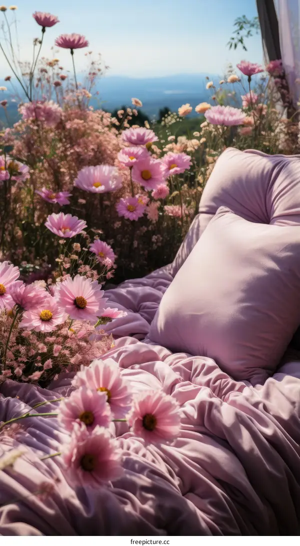 Pillows and bedding in a field of pink flowers