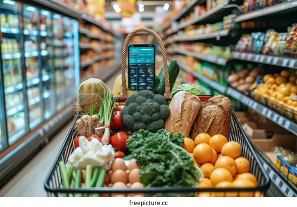 A grocery basket full of fresh fruits, vegetables, and bread in the supermarket.
