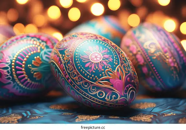 Ornate Easter eggs with intricate patterns and vibrant colors