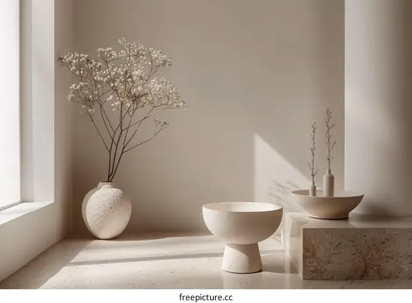 A Neutral-toned Minimalist Interior with a Textured Vase and Bowl