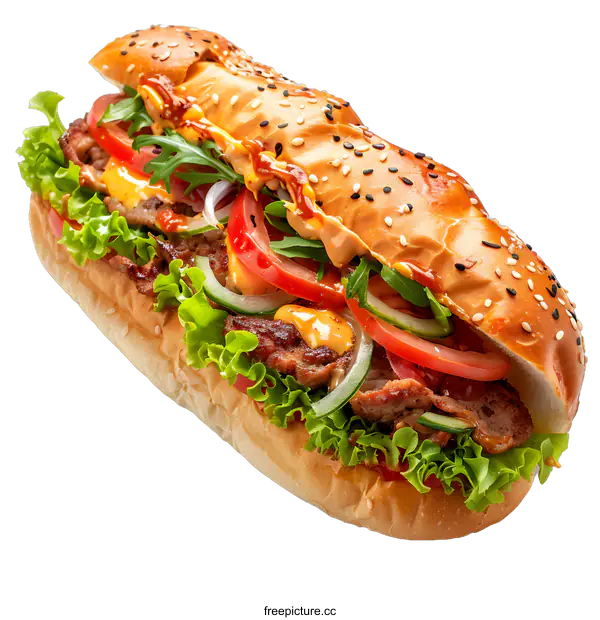 [Transparent Background PNG]Fresh and tasty doner kebab sandwich with meat, vegetables and herbs