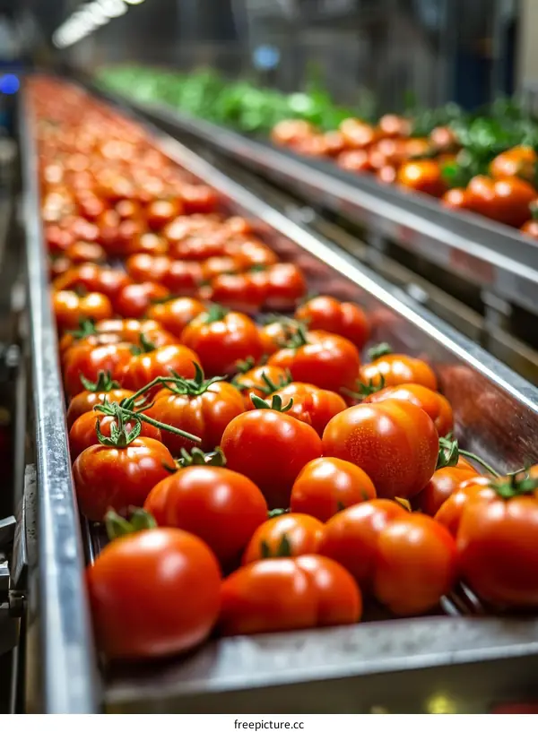 Fresh Tomatoes on a Conveyor Belt in a Processing Facility