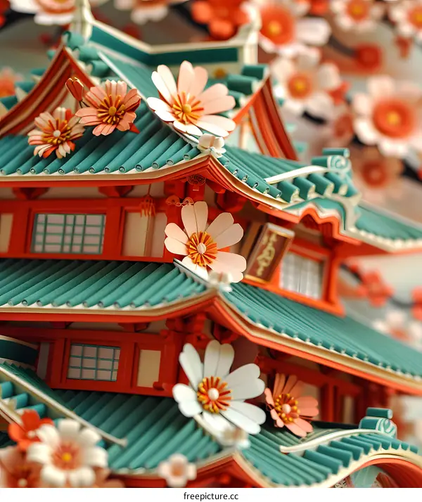 Papercut Japanese Building and Flowers