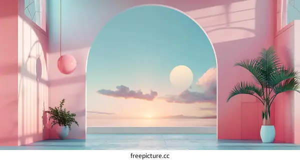 Pink and Blue Minimalist Room with Ocean View