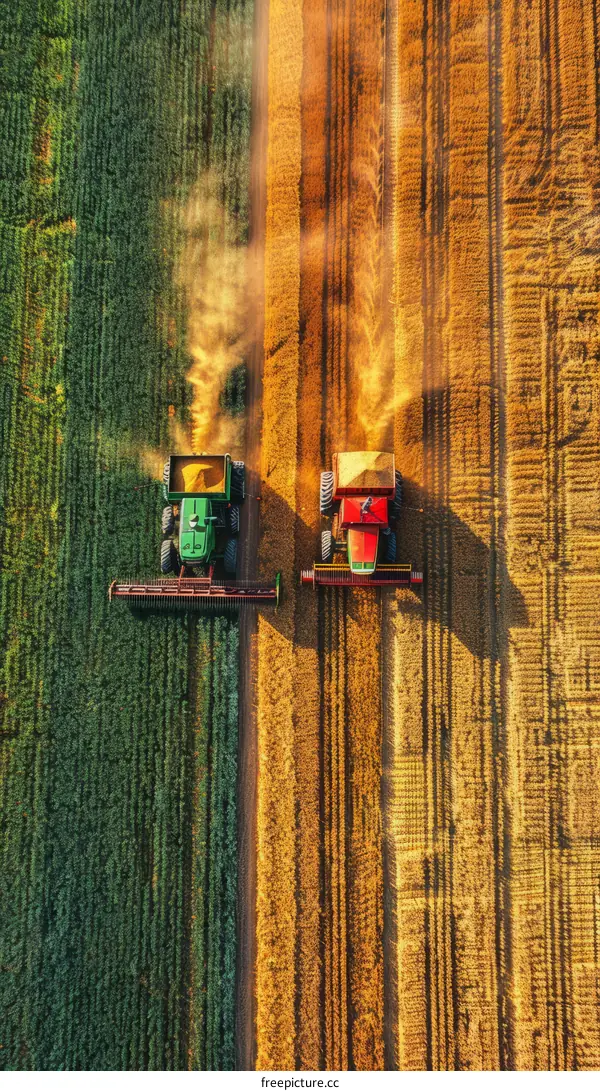 Two tractors harvesting a field of wheat