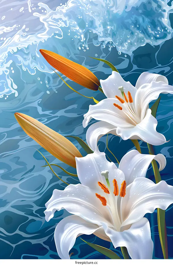 White Lily Flower on Blue Water Background