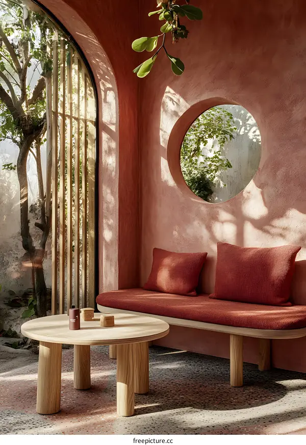 Modern Interior Design with Wooden Furniture and Round Window