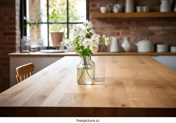 Small Clear Glass Vase with White Flowers on a Wooden Table