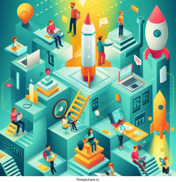 Illustration of people working on a rocket ship