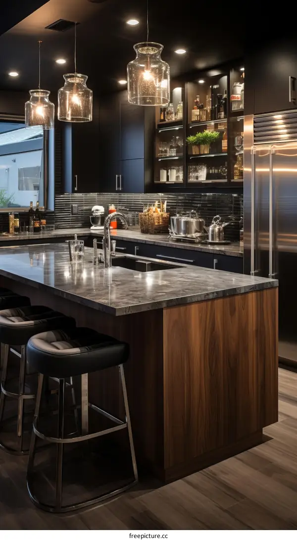 Modern kitchen with dark cabinets and wood accents