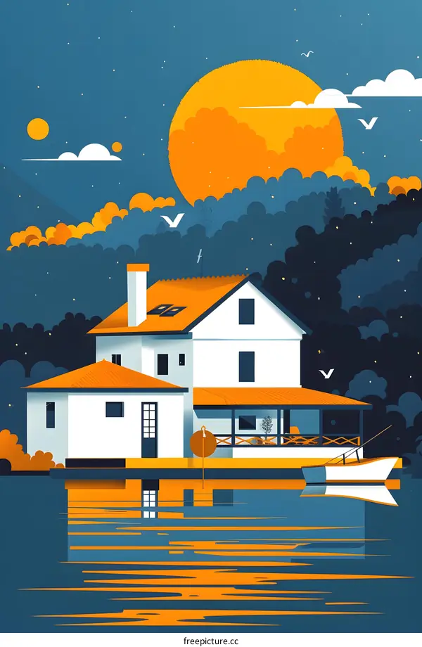 Waterfront House at Sunset with a Boat