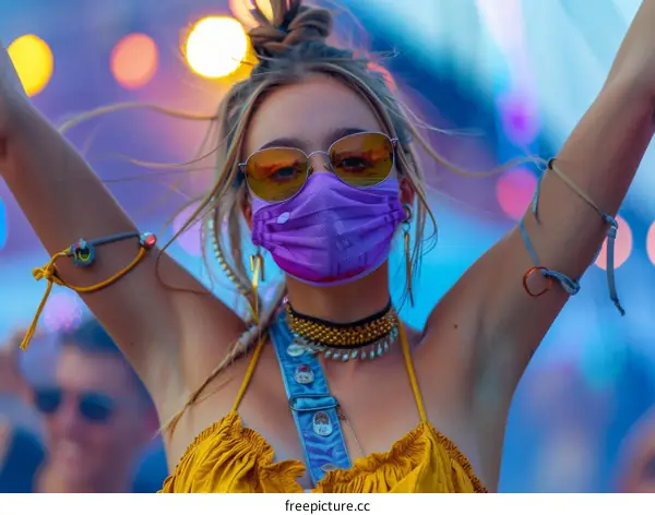 Young caucasian woman with purple mask at a rave