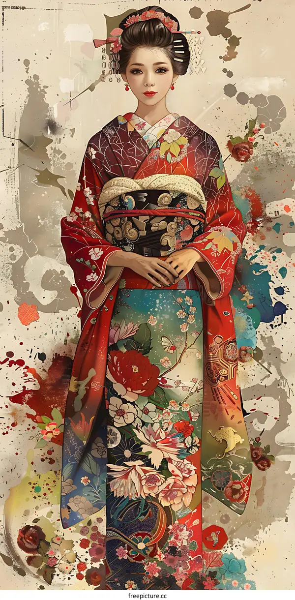 An illustration of a Japanese woman wearing a kimono with a red background with white and yellow flowers