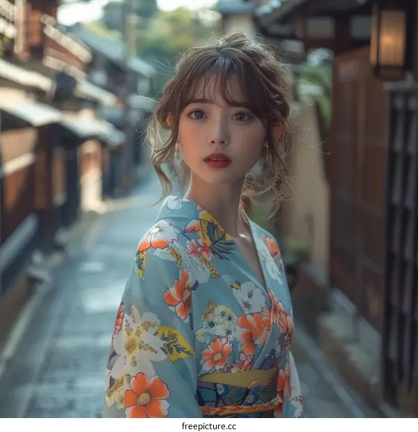 Asian Woman in Traditional Japanese Kimono in Old Town