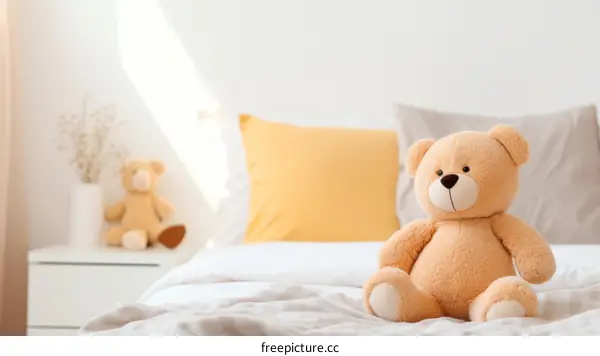 Cute Teddy Bear Sitting on a Bed