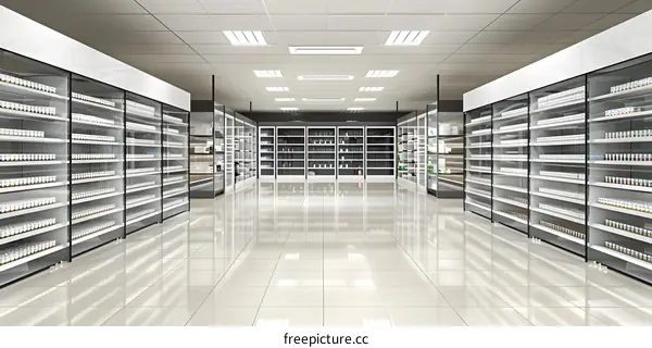 Empty Supermarket Aisle With Glass Shelves