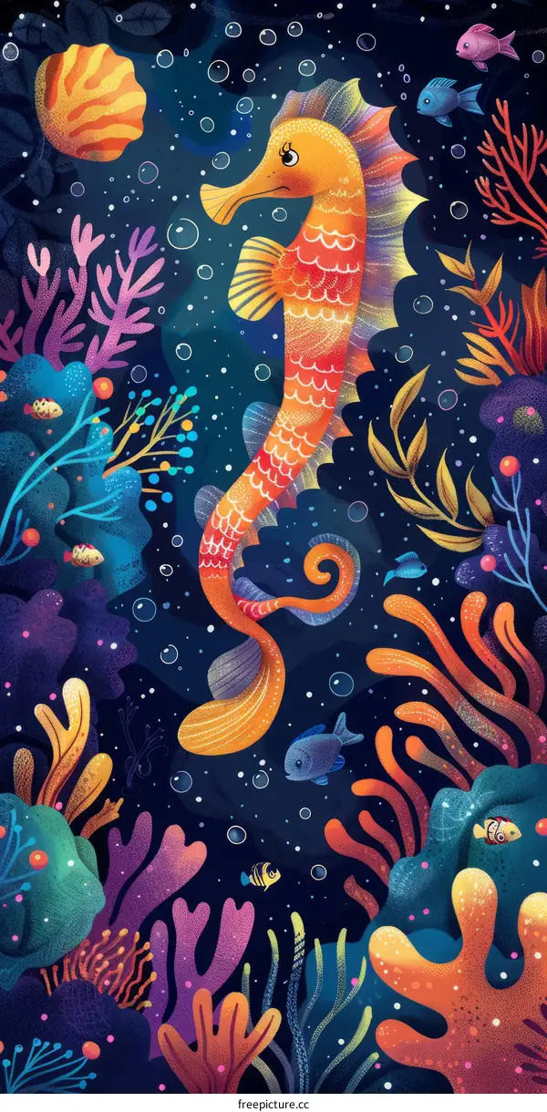 Illustration of a colorful seahorse swimming in a coral reef